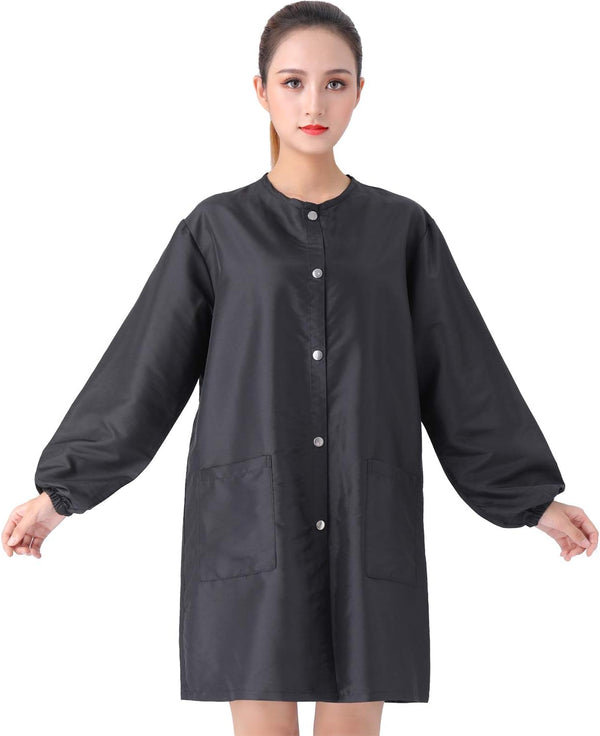 KAHOT Professional Barber Smock Stylist Jacket Cosmetology Uniform Hairdressing Cape Workwear Coveralls (Black, XL)