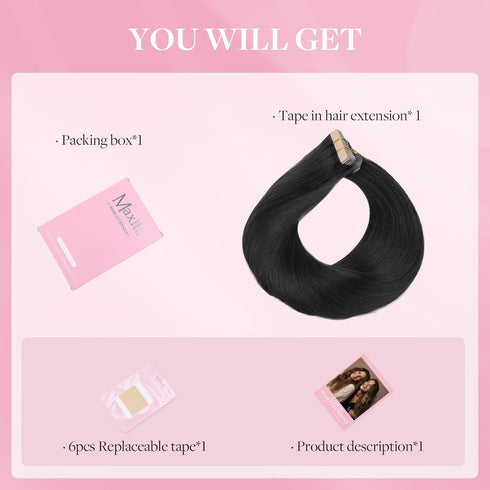 Tape in Hair Extensions Human Hair | 1B Natural Black 14 Inch 25g 10pcs Thick Ends Remy Seamless Extensions