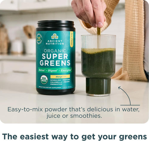 Ancient Nutrition SuperGreens Powder with Probiotics - Organic Mango Flavor Greens, Digestive and Energy Support, Made