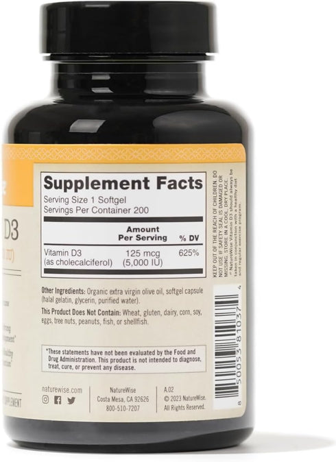 NatureWise Vitamin D3 5000iu (125 mcg) Healthy Muscle Function & Immune Support, 200 Count