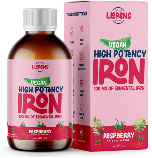 Llorens Liquid Iron Supplement, 100mg Polysaccharide Iron Complex, 6 oz - High Potency for Women & Adults, Raspberry