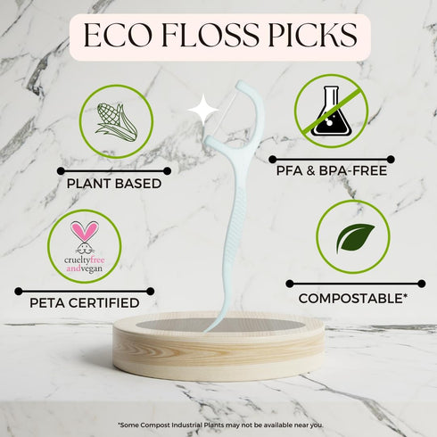 Floss Picks (6 Pack, 300 Pieces) Reusable Eco-Friendly Natural Bamboo Tooth Picks Flossers for Oral Care