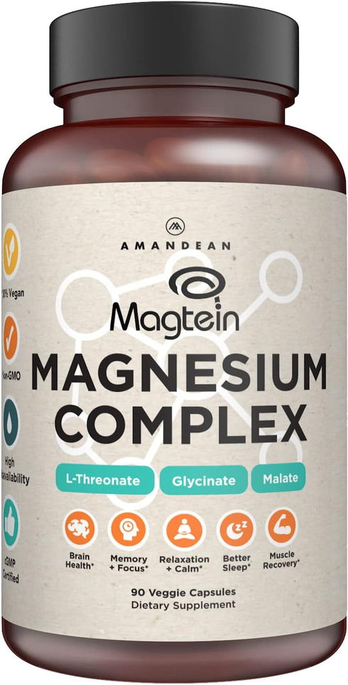 AMANDEAN Magtein Magnesium Complex, L-Threonate, Glycinate, Malate, 90 Veggie Capsules for Brain Health