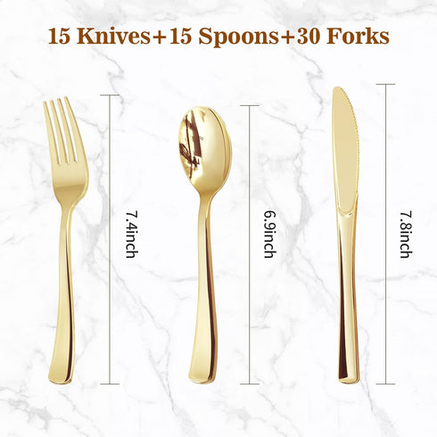 60PCS Gold Plastic Silverware, Gold Disposable Utensils, Heavy Duty Cutlery Set of 30 Gold Forks, 15 Gold Spoons, 15 Gold Knives for Parties, Weddings, Catering and Daily Use by BESTVIP