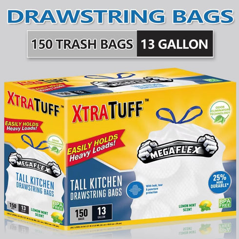 MegaTuff 13 150 Count, XtraTuff Tall Kitchen Drawstring Trash Bags, Gallon, Lemon Mint Scented, MegaFlex Technology