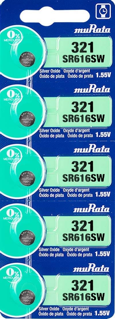 Murata 321 Battery SR616SW, 1.55V Silver Oxide Watch Button Cell, 5 Batteries
