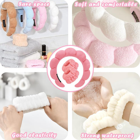Spa Headbands for Washing Face, Wristband Set, Soft Terry Towel Hairband for Women, Non-Slip Thick Hair Headwear
