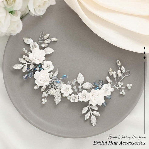Unicra Flower Silver Bride Wedding Hair Vine - Pearl Bridal Hair Piece with Blue Rhinestone