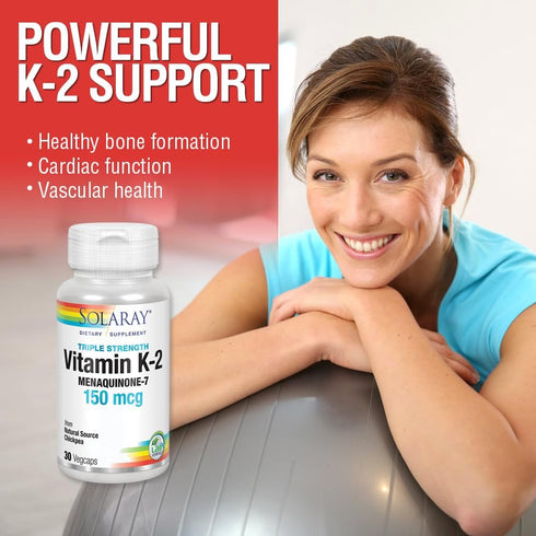 SOLARAY Triple Strength Vitamin K-2 as MK-7, 150 mcg, 30ct, Heart & Bone Health Support