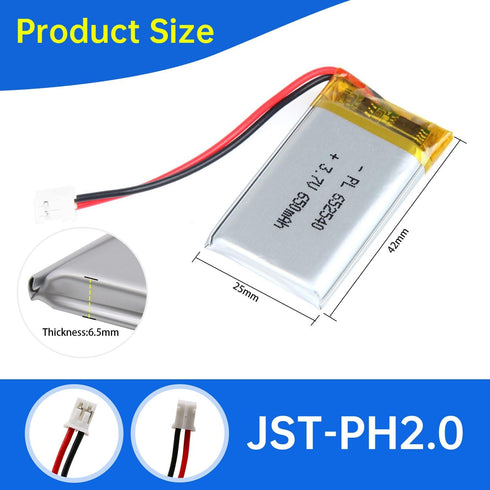 652540 3.7V Lipo Battery 650mAh, Rechargeable Lithium Polymer Battery Pack with JST PH2.0mm Connector for Electronic