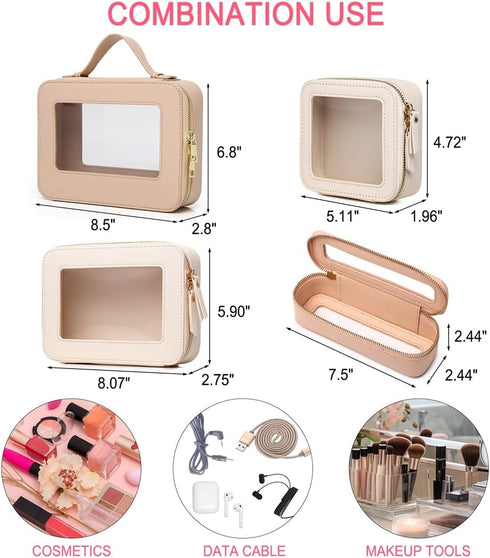 Clear Mini Makeup Bag, Transparent Travel Cosmetic Case & Toiletry Bag for Women, Clear Car Bag (C/Beige, MINI)