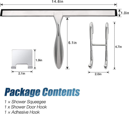 Simtive 14-Inch Shower Squeegee Set, Includes Hook and Adhesive Hook for Shower Doors, Mirror, Window, Silver