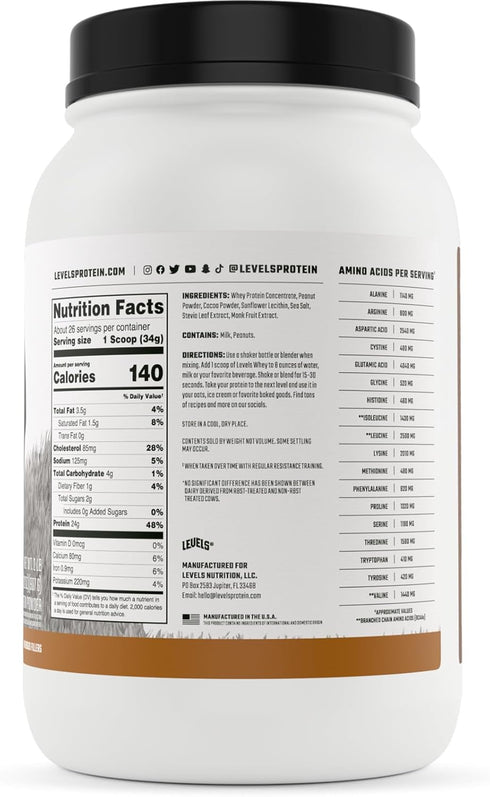 Levels Grass Fed Whey Protein Powder - No Artificials, 24G Protein, Chocolate Peanut Butter, 2LB