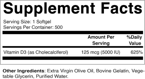 Vitamatic Vitamin D3 5000 IU (125 mcg) - 500 Softgels (Olive Oil Based) - 500 Days Supply - for Healthy Muscle Function, and Immune Support, Non-GMO, Gluten Free in Cold-Pressed Mini Softgels