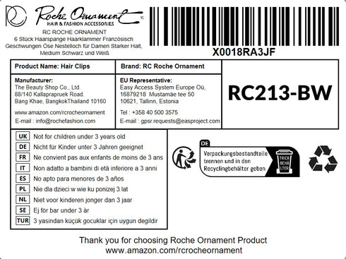 RC ROCHE ORNAMENT 6 Pcs Women's Thin Curved Eyelet Side Slide Hair Clips, Medium Black and White