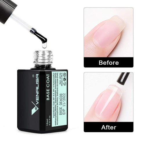 VENALISA 2 Pcs 15ml Gel Nail Polish Base and Top Coat Set, No Wipe High Gloss Long Lasting Tempered Polish Kit