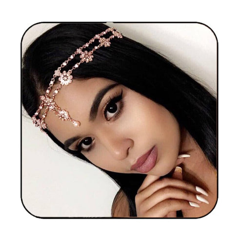 Unsutuo Hair Jewelry Head Chain, Wedding Bohemian Floral Headband Elastic for Women (Rose Gold)