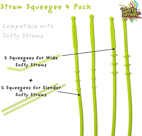Straw Squeegee Cleaning Tool 4 Pack - BPA Dishwasher Safe Silicone Brush for Reusable Softy Straws (2 Small, 2 Wide)