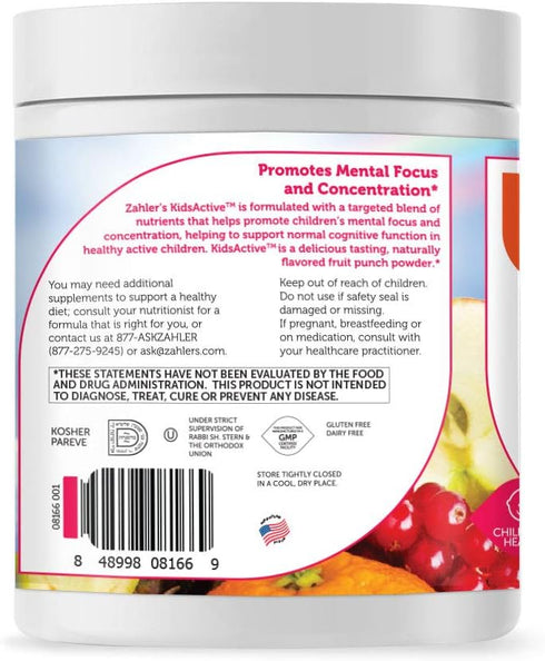 Zahler KidsActive Concentration Formula Powder, All Natural Children’s Supplement, 30 Servings, Fruit Punch