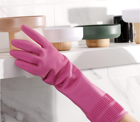 2 Pairs Reusable Waterproof Household Dishwashing Non-Slip Cleaning Latex Rubber Kitchen Gloves (Pink, XX-Large)