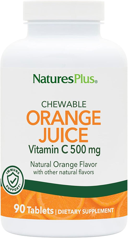 Natures Plus Orange Juice Chewable Vitamin C - 500 mg, 90 Tablets - Immune & Vascular Health Support Supplement