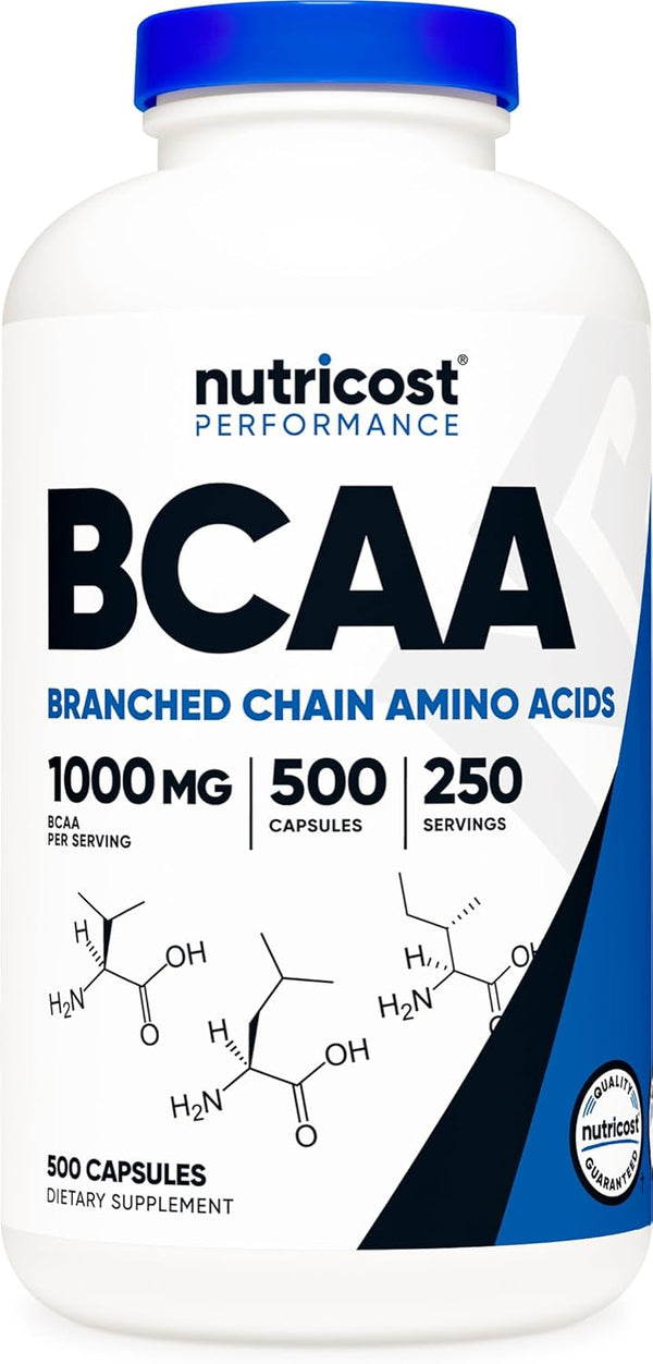 Nutricost BCAA 1000mg, 500 Capsules (250 Serv), 2:1:1 Branched Chain Amino Acids