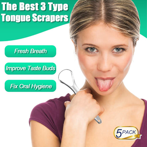Tongue Scraper Cleaner for Adults and Kids, 5 Pack 100% BPA Free Reusable Stainless Steel Tools for Bad Breath
