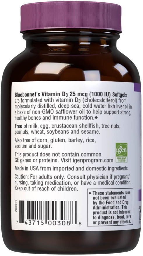 Bluebonnet Nutrition Vitamin D3 1000 IU Softgels, 100 Count, Non-GMO, Gluten Free, Soy Free