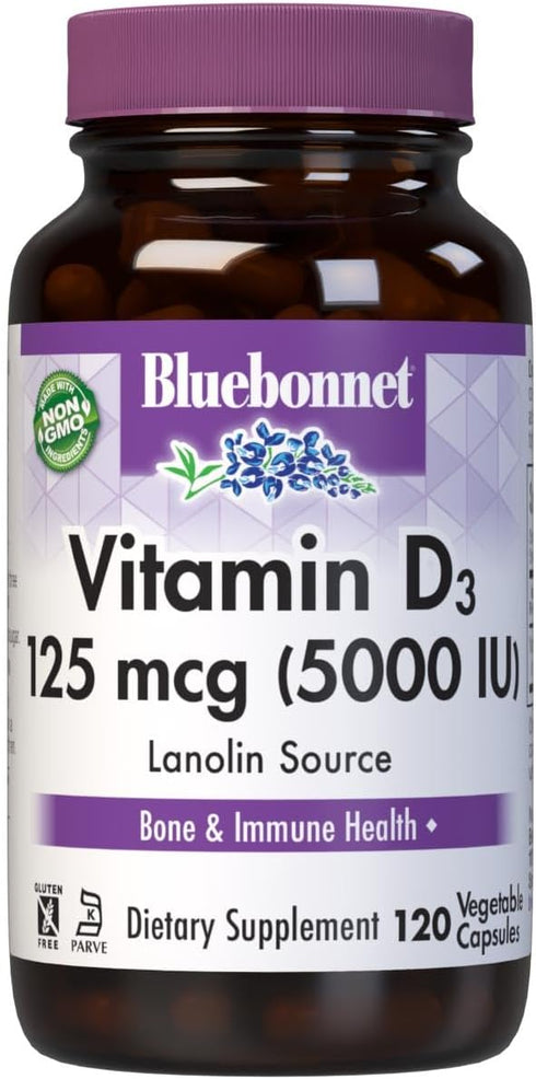Bluebonnet Vitamin D3 5000 IU Vegetable Capsules - 120 Count for Immune Support