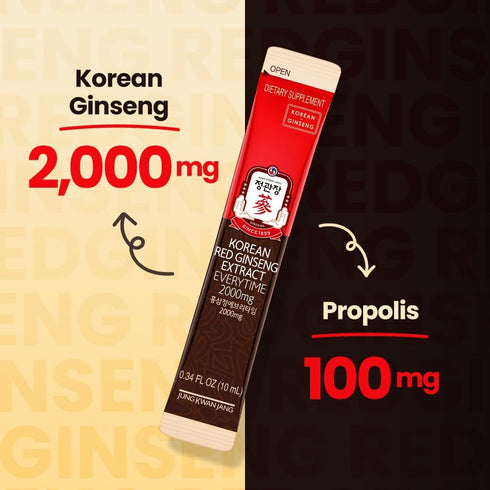 JungKwanJang Ginseng Everytime Extract Stick - Caffeine-Free Energy Supplements, Korean Red Ginseng 2000mg