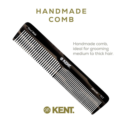 Kent 16T Black Graphite Fine and Wide Tooth Comb for Daily Grooming, Handmade Detangling Comb for All Hair Types