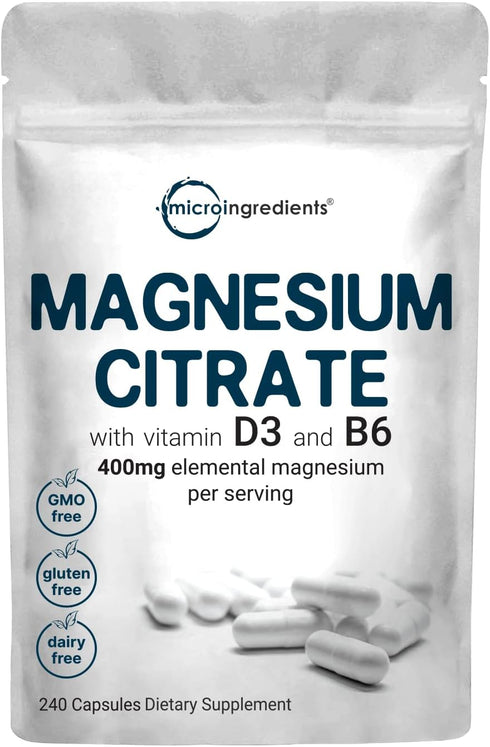 Magnesium Citrate 400mg with Vitamin D3 1000IU & B6, 240 Capsules, Non-GMO, Elemental Mineral & Vitamins Complex