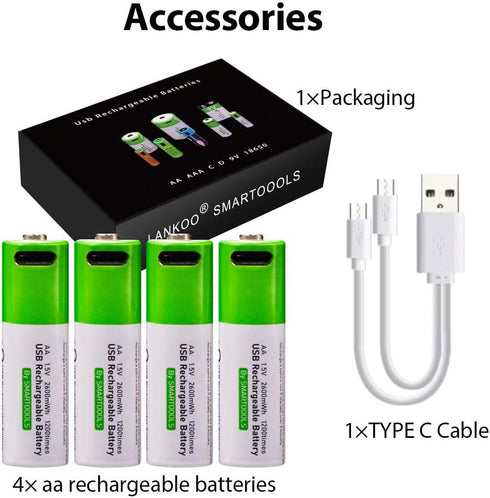Lankoo 1.5V 2600mWh 1200 Protection,4-Pack Rechargeable AA Batteries USB Lithium ion Rechargeable AA Battery with USB