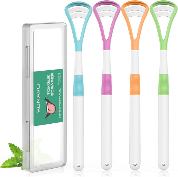 RONAVO 2 in 1 Tongue Scraper, Disposable Tongue Cleaner, BPA Free Tongue Brush, 4 Pack with Travel Case for Oral Care