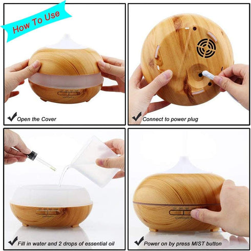 JoySusie 500ml 4 Settings, Aroma Essential Oil Diffuser, Wood Grain Ultrasonic Cool Mist Whisper-Quiet Humidifier