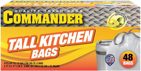 Commander 13 Gallon 0.9 MIL Lemon Tall Kitchen White Drawstring Trash Bags, Pack of 48