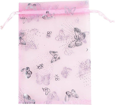 QIANHAILIZZ 5 x 7 Inch 100 Pink Butterfly Organza Jewelry Gift Pouch Candy Pouches Drawstring Wedding Favor Bags