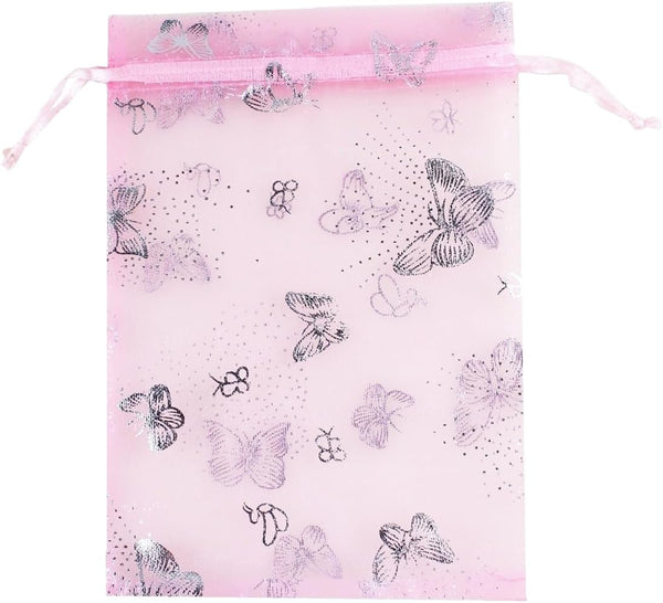 QIANHAILIZZ 5 x 7 Inch 100 Pink Butterfly Organza Jewelry Gift Pouch Candy Pouches Drawstring Wedding Favor Bags