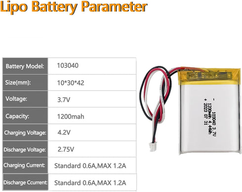 HRYHWASE 3.7V 1200mAh 103040 Pack PH2.0 Lithium Polymer Battery Lipo Rechargeable Replacement Lithium Ion Battery