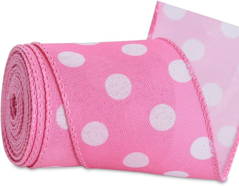 TONIFUL 2.5 Inch Wired Edge Ribbon, Baby Pink Polka Dots Burlap Ribbon for Gift Wrapping, Wreath Bows Making