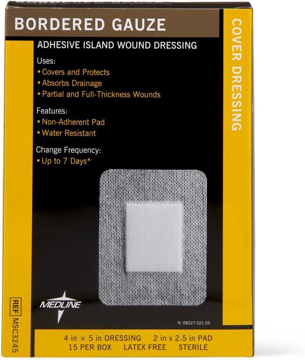 Medline Sterile Bordered Gauze Adhesive Island Wound Dressing, 4" x 5", Count of 15