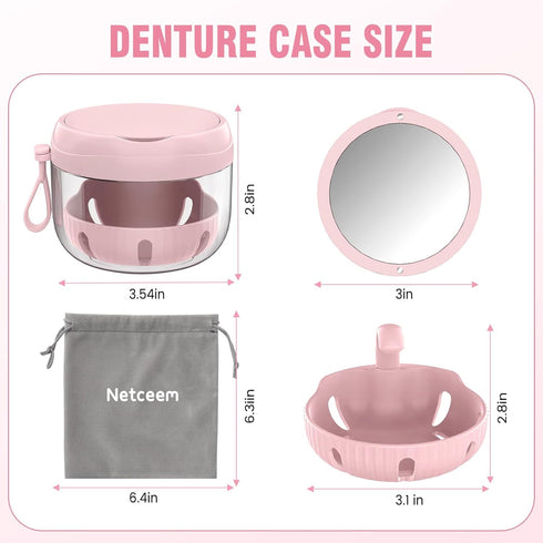 Denture Bath Box Cup Kit, Portable Leak Proof Retainer Case for Travel, Cleaning Care with Brush, Strainer, Tool, Mirror