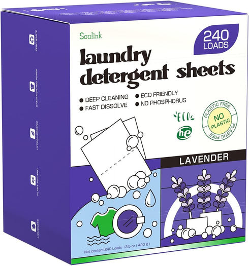 Lavender Laundry Detergent Sheets, 240 Loads - Eco-Friendly, Plant-Based, Hypoallergenic, No Plastic Jug