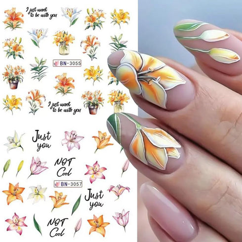 12 Sheets Lily Flowers Nail Stickers, Water Transfer Decals for Spring Floral Nail Art Design