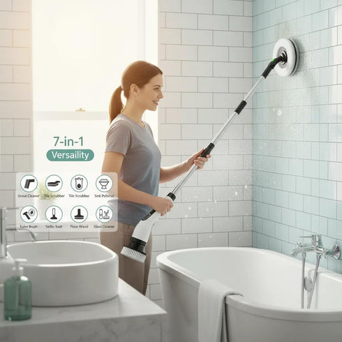 IPX7 8 Cordless Electric Spin Scrubber - Waterproof, LCD Display, Brush Heads, Adjustable Extension Handle, for Shower