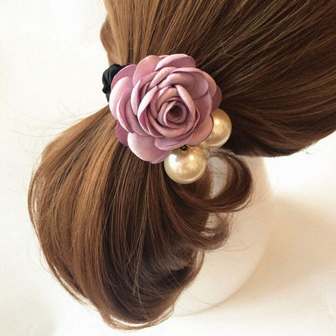 LOVEF 4Pcs Korean Fashion Pearl Hair Rope, Rose Flower Rhinestone Hair Ties