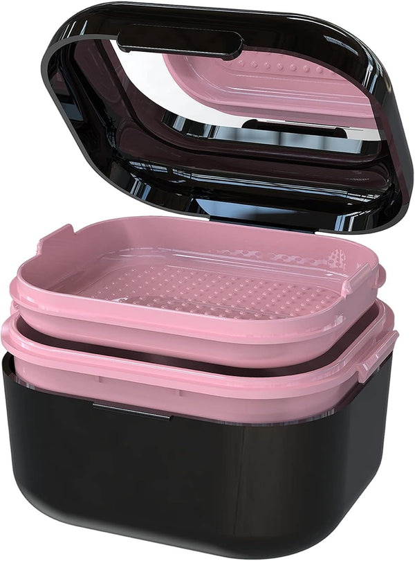 BVN Denture Bath Case, Retainer Cleaner with Mirror, Mouth Guard and Aligner Holder, Black for False Teeth