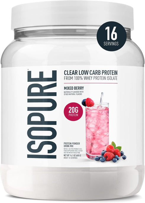 Isopure Clear Whey Isolate Protein Powder, Lactose Free, Gluten Free, Naturally Flavored, Mixed Berry, 20g Protein Per