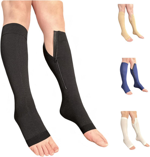 Ziperior Open Toe Inside Leg Calf Zipper 30-40 mmHg Grade 3 Compression Socks