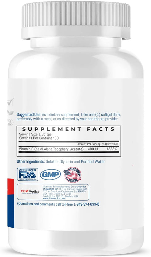 Trio-E 400 IU Vitamin E Dietary Supplement for Antioxidant Health & Immune System, 60 Softgels